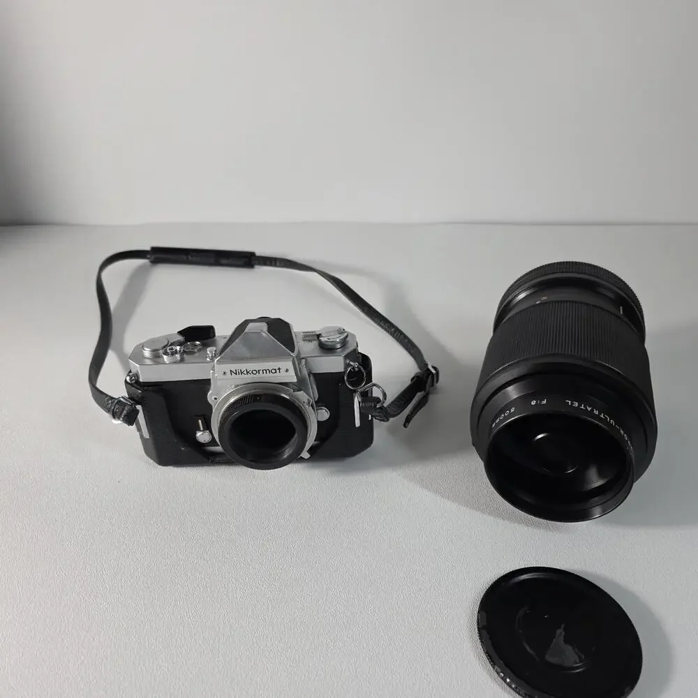 Nikon Nikkormat FT Film Camera Silver with Half Case & Accura 500mm Lens